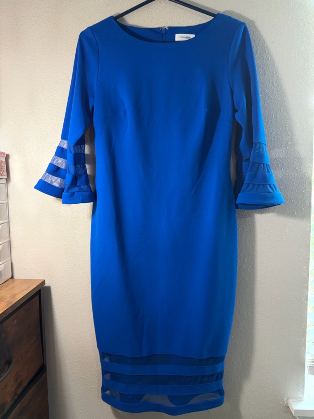 Calvin Klein Cobalt Blue Sheath Dress with Tiered Ruffle Sleeves